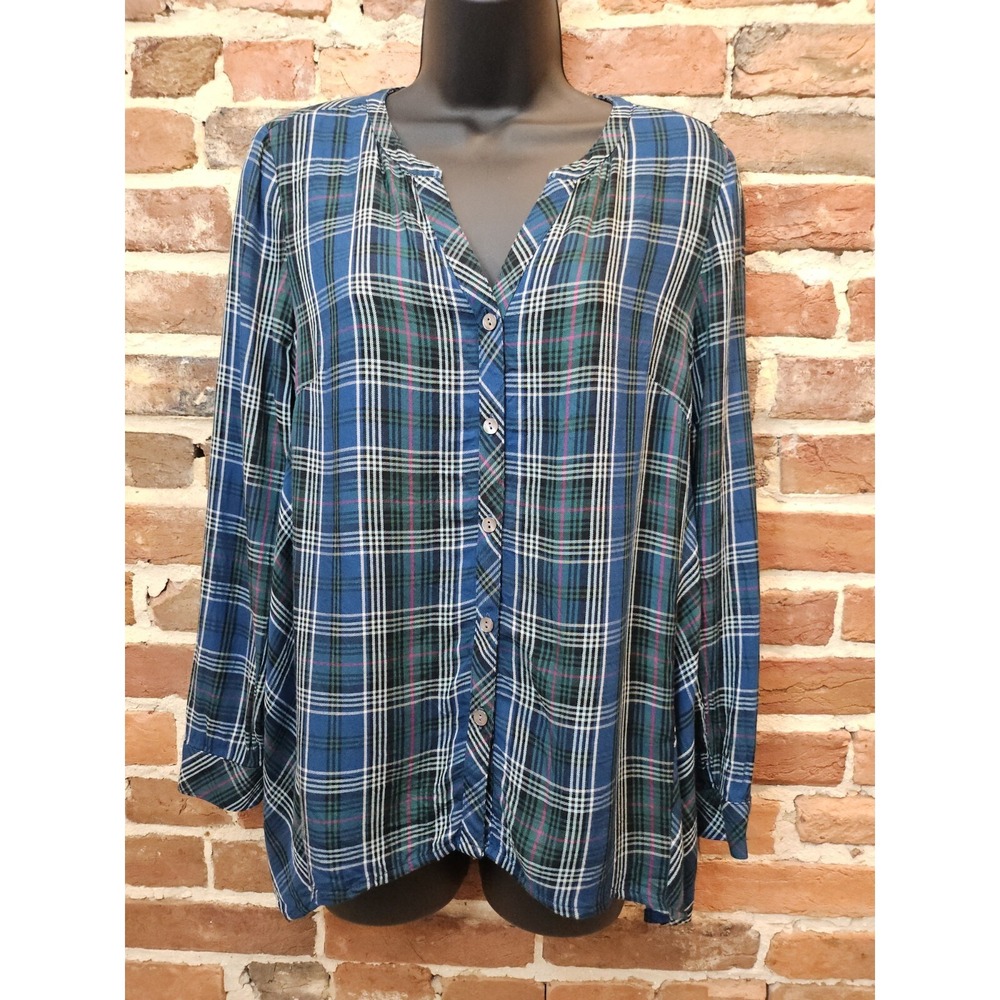J. Jill Blouse Button‎ Front Blue Green Plaid Top Long Sleeves Size XS Petite